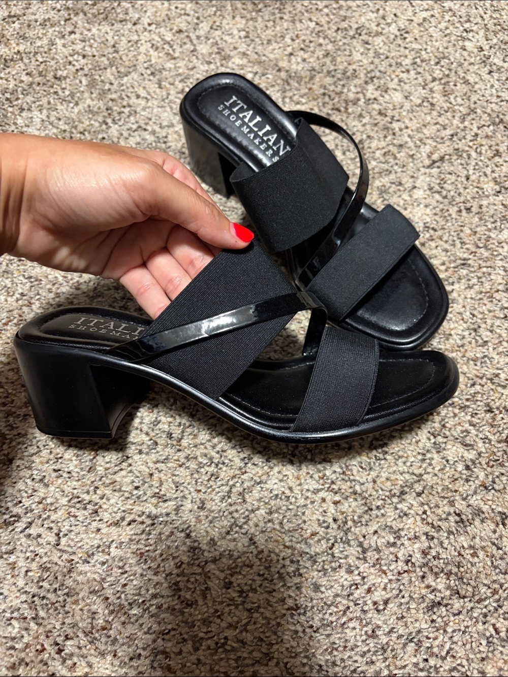 Italian Shoemakers Black Elastic Cross-Strap Block Heel Mule